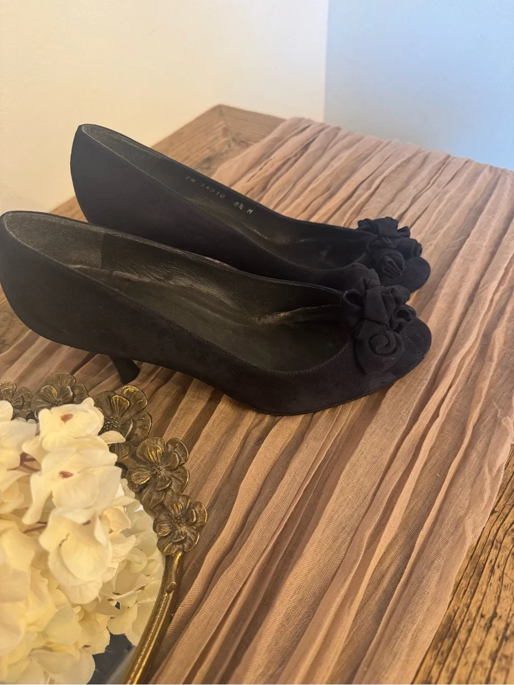 Stuart Weitzman Navy Suede Pumps with Rosette Accent open toe